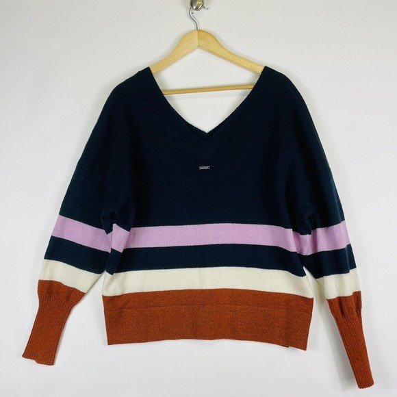 Prana Purple Tan Blue Striped Deep Plunge V-Neck Sweater Womens Sz Medium - Picture 5 of 7